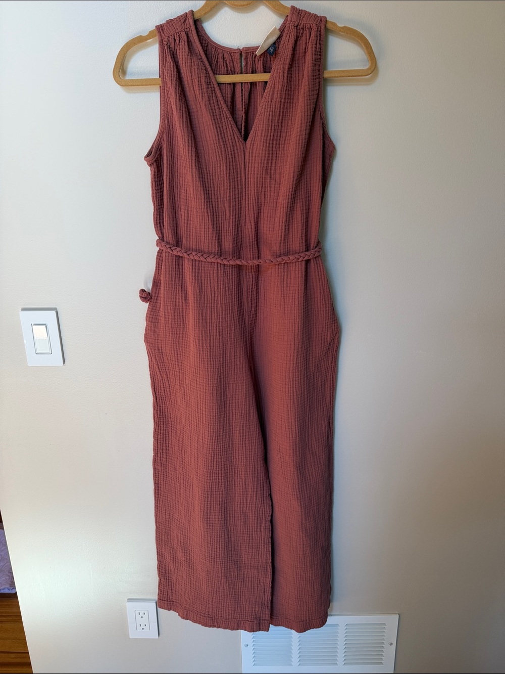 Universal Thread Sleeveless Textured Rust Jumpsuit with Braided Waist
